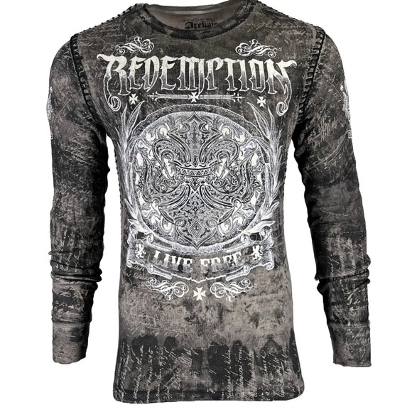 Affliction Other - Archaic by Affliction Men's Thermal Shirt SHIELDED Wing Biker Gray